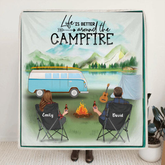 Personalized Camping Blanket/Pillow Cover - Gift for Whole Family, Camping Lovers - Couple/Parents With Up To 6 Kids & 6 Pets - Life Is Better Around The Campfire