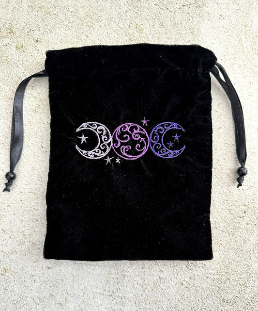 Triple Moon Black Velvet Embroidered Tarot Card Bag With Satin Lining