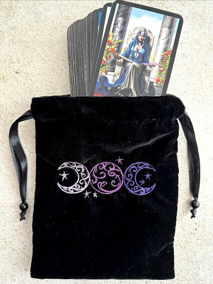 Triple Moon Black Velvet Embroidered Tarot Card Bag With Satin Lining