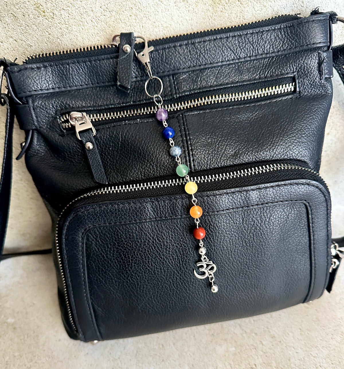 7 Chakra Crystal Gemstone Bag Charm Keychain with Silver Om