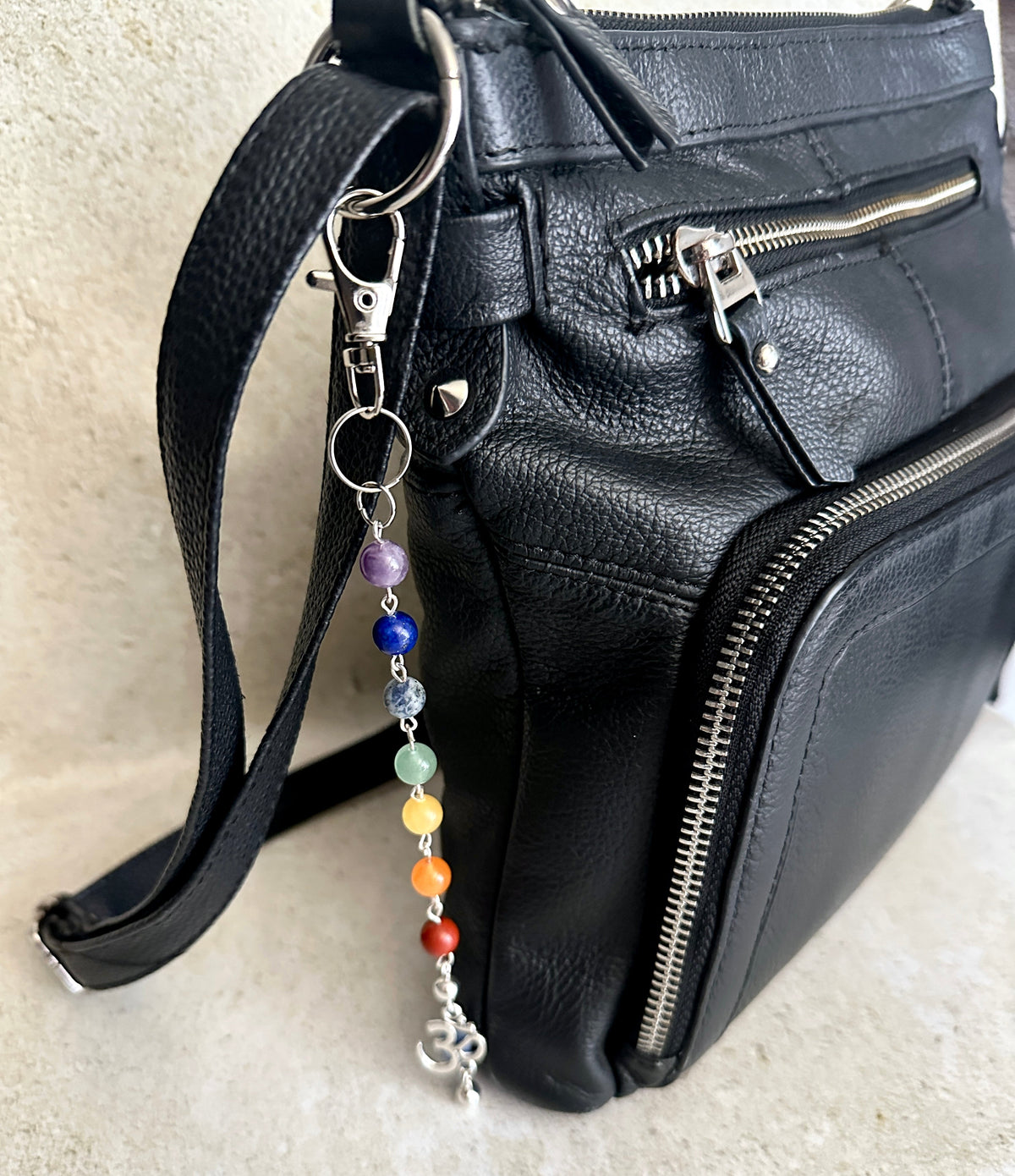 7 Chakra Crystal Gemstone Bag Charm Keychain with Silver Om