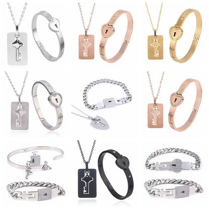 Women's & Men's Valentine's Day Gift Titanium Steel Couple Lock Heart Key Bracelet