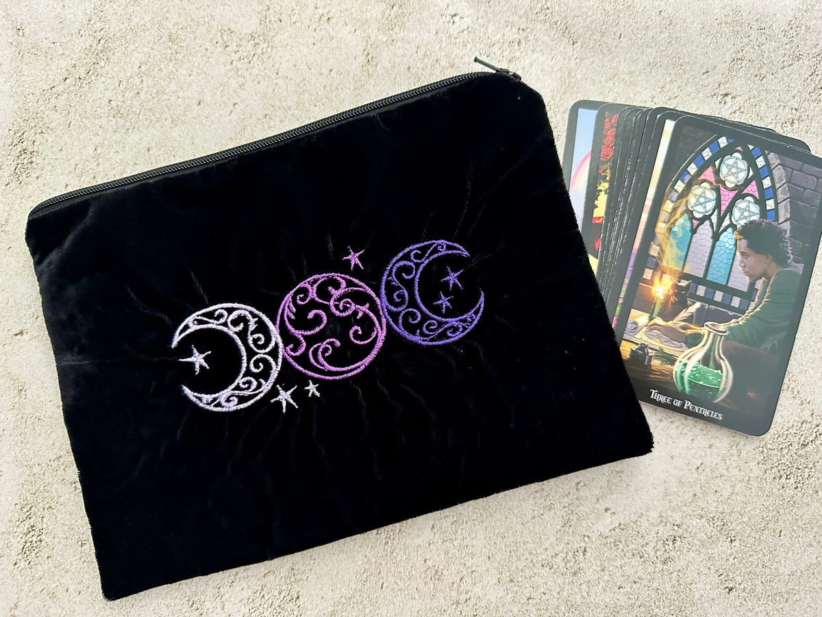 Witchy Triple Moon Embroidered Velvet Tarot Bag