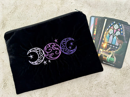 Witchy Triple Moon Embroidered Velvet Tarot Bag