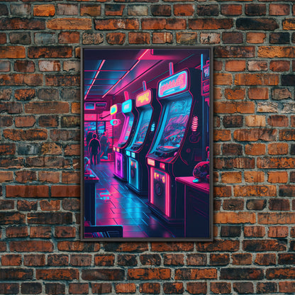 Game Room Decor, Framed Canvas Print, Synthwave Arcade, Boys Room, Gamer Gift, Gaming Wall Art, Video Game Posters, Teen Room