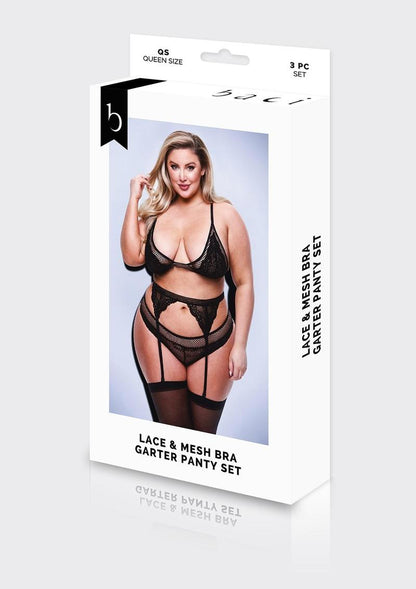 3pc Lace and Mesh Bra Garter Panty