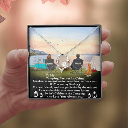 Personalized Camping Couple Forever Love Necklace - Couple With Up to 2 Pets - Gift Idea For Camping Lover - To My Camping Partner In Crime