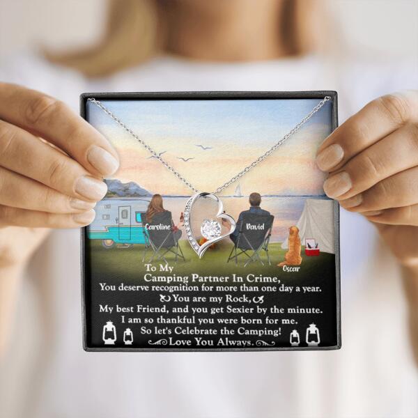 Personalized Camping Couple Forever Love Necklace - Couple With Up to 2 Pets - Gift Idea For Camping Lover - To My Camping Partner In Crime