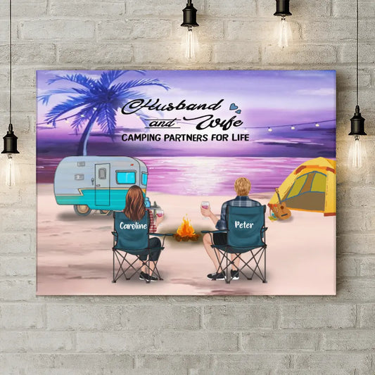 Personalized Beach Camping Canvas - Couple/Parents With Up to 3 Kids And 4 Pets - Gift Idea For Couple/ Family/ Camping Lover - Husband And Wife Camping Partners For Life
