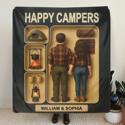 Personalized Camping Couple Toy Box Quilt/Fleece Throw Blanket - Gift Idea For Couple/Camping Lover - Happy Campers