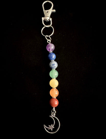 7 Chakra Crystal Gemstone Bag Charm Keychain - Choose Silver Lotus, Moon, Om Charm