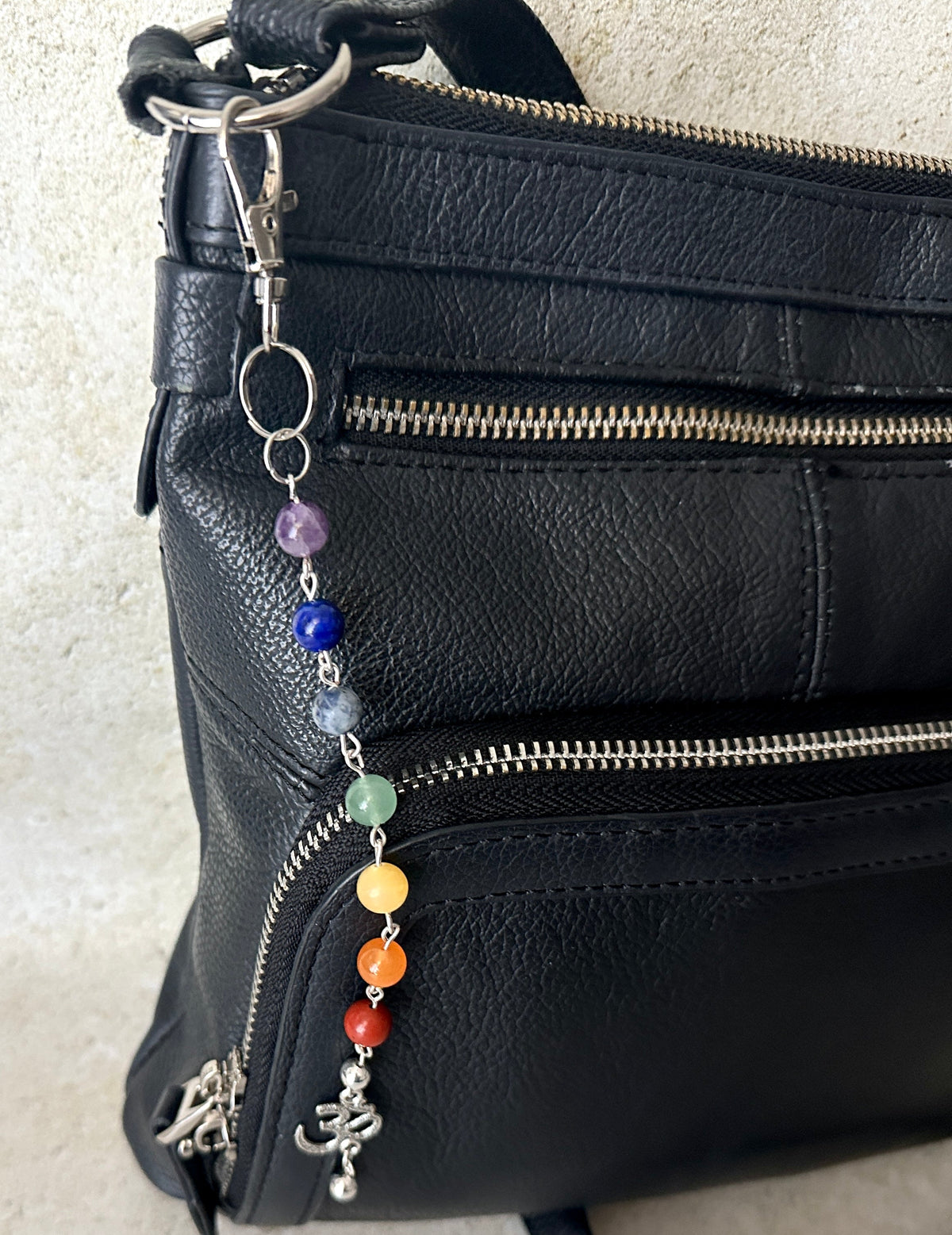 7 Chakra Crystal Gemstone Bag Charm Keychain with Silver Om