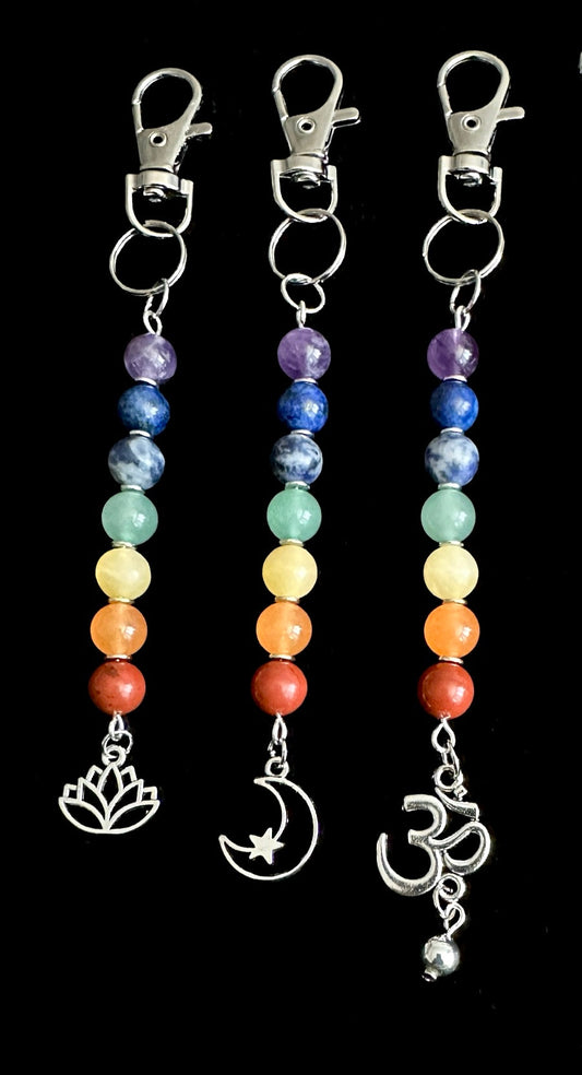 7 Chakra Crystal Gemstone Bag Charm Keychain - Choose Silver Lotus, Moon, Om Charm