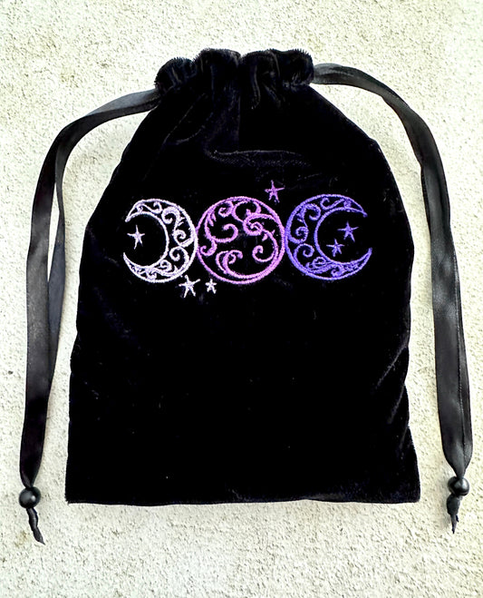 Triple Moon Black Velvet Embroidered Tarot Card Bag With Satin Lining