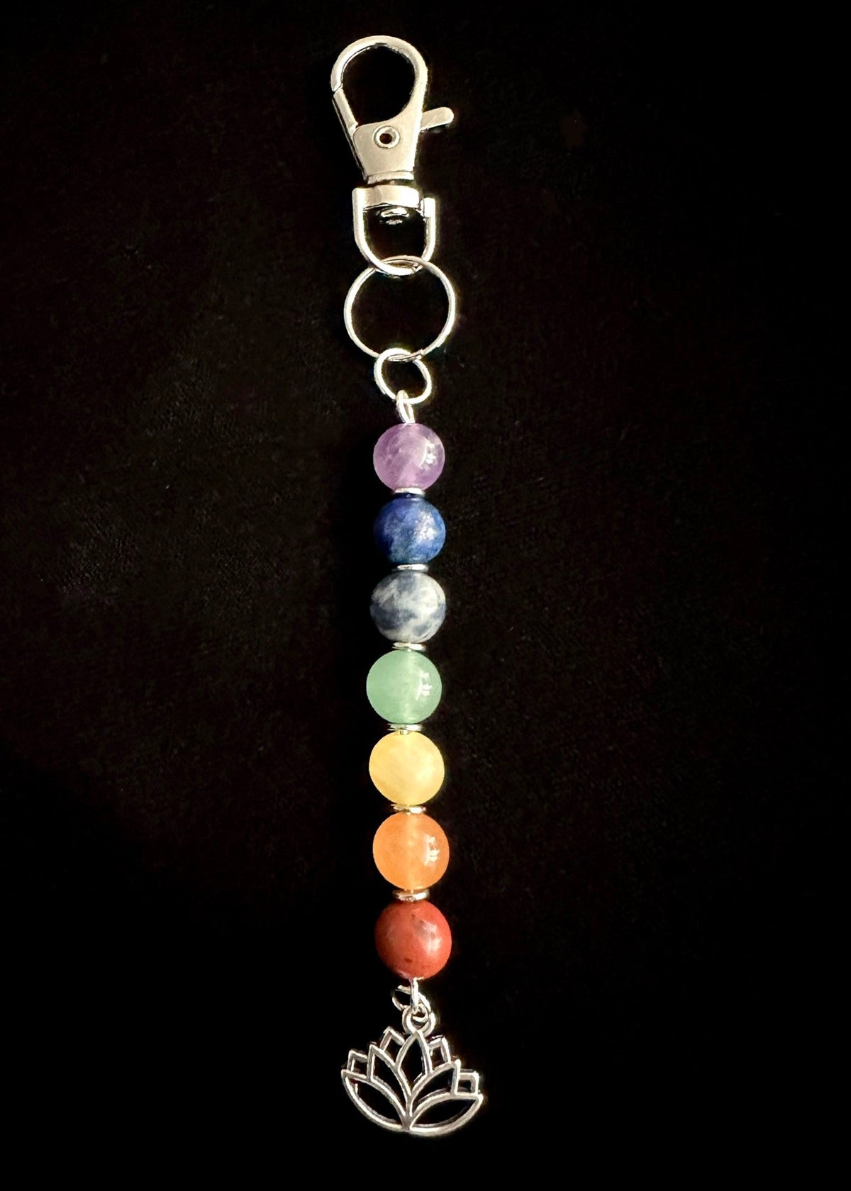 7 Chakra Crystal Gemstone Bag Charm Keychain - Choose Silver Lotus, Moon, Om Charm