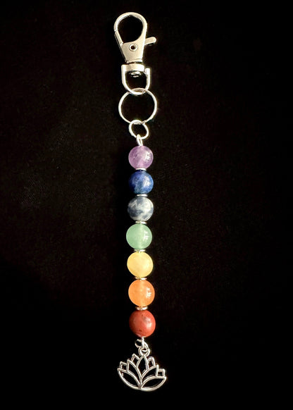 7 Chakra Crystal Gemstone Bag Charm Keychain - Choose Silver Lotus, Moon, Om Charm