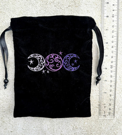 Triple Moon Black Velvet Embroidered Tarot Card Bag With Satin Lining
