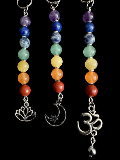 7 Chakra Crystal Gemstone Bag Charm Keychain - Choose Silver Lotus, Moon, Om Charm
