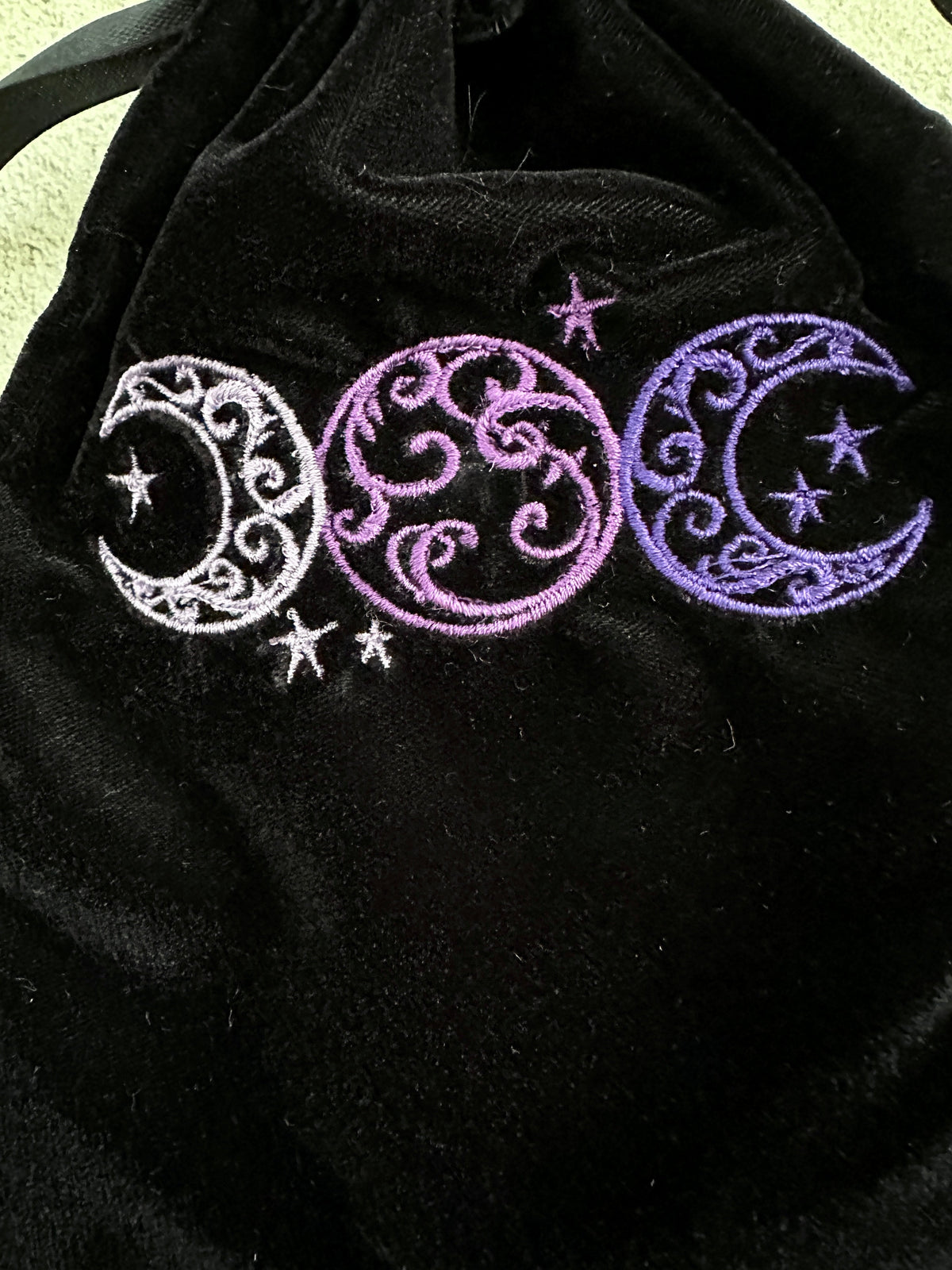 Triple Moon Black Velvet Embroidered Tarot Card Bag With Satin Lining