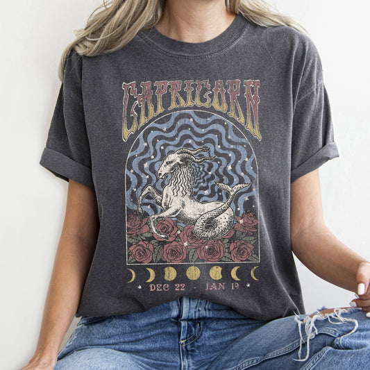 Capricorn Zodiac Horoscope Astrology Retro Vintage Distressed Graphic Comfort Colors Tee