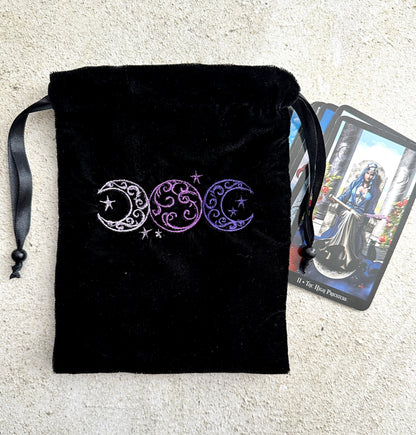 Triple Moon Black Velvet Embroidered Tarot Card Bag With Satin Lining