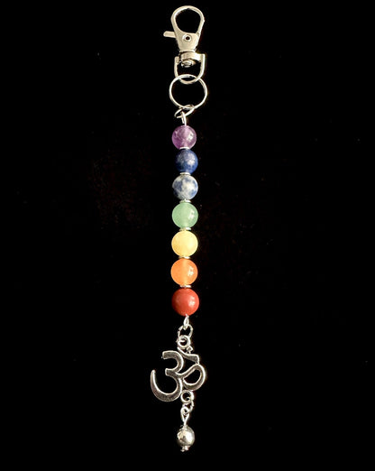 7 Chakra Crystal Gemstone Bag Charm Keychain - Choose Silver Lotus, Moon, Om Charm