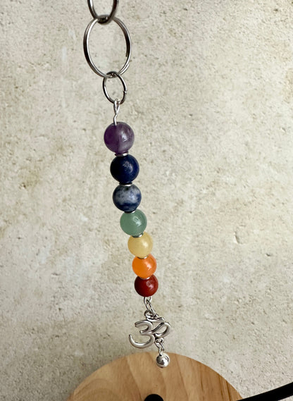 7 Chakra Crystal Gemstone Bag Charm Keychain - Choose Silver Lotus, Moon, Om Charm