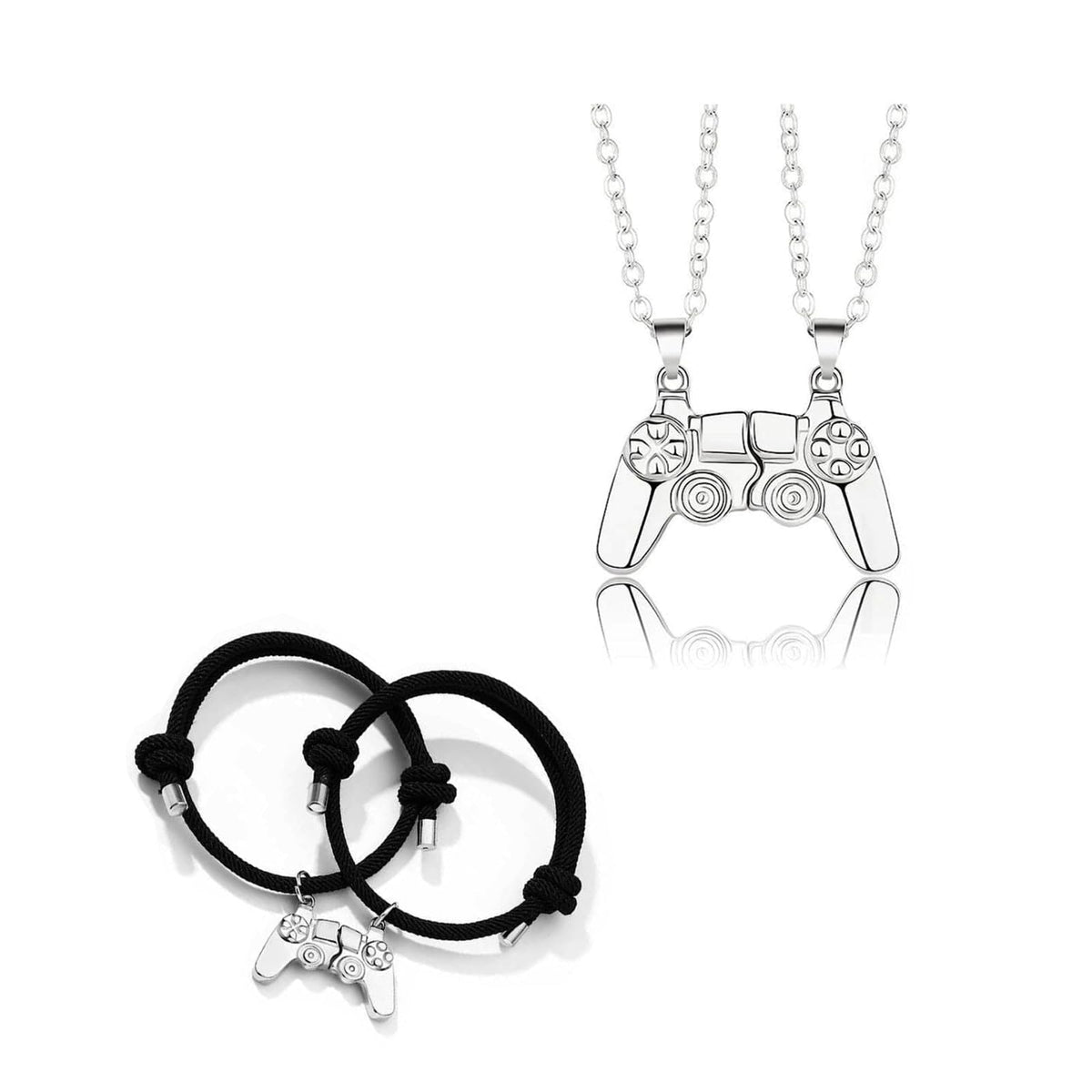 4 Pcs BFF Friendship Matching Game Controller Pendant Necklace Jewelry Set for 2 Couples Long Distance Relation Rope Bracelets Gift for His Her (Silver & Silver-Match Game Controller)
