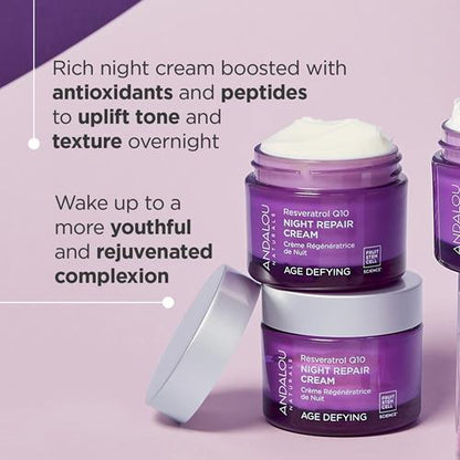Andalou Naturals Resveratrol Q10 Night Repair Cream, For Dry Skin, Fine Lines & Wrinkles, For Softer, Smoother, Younger Looking Skin, 1.7 Ounce