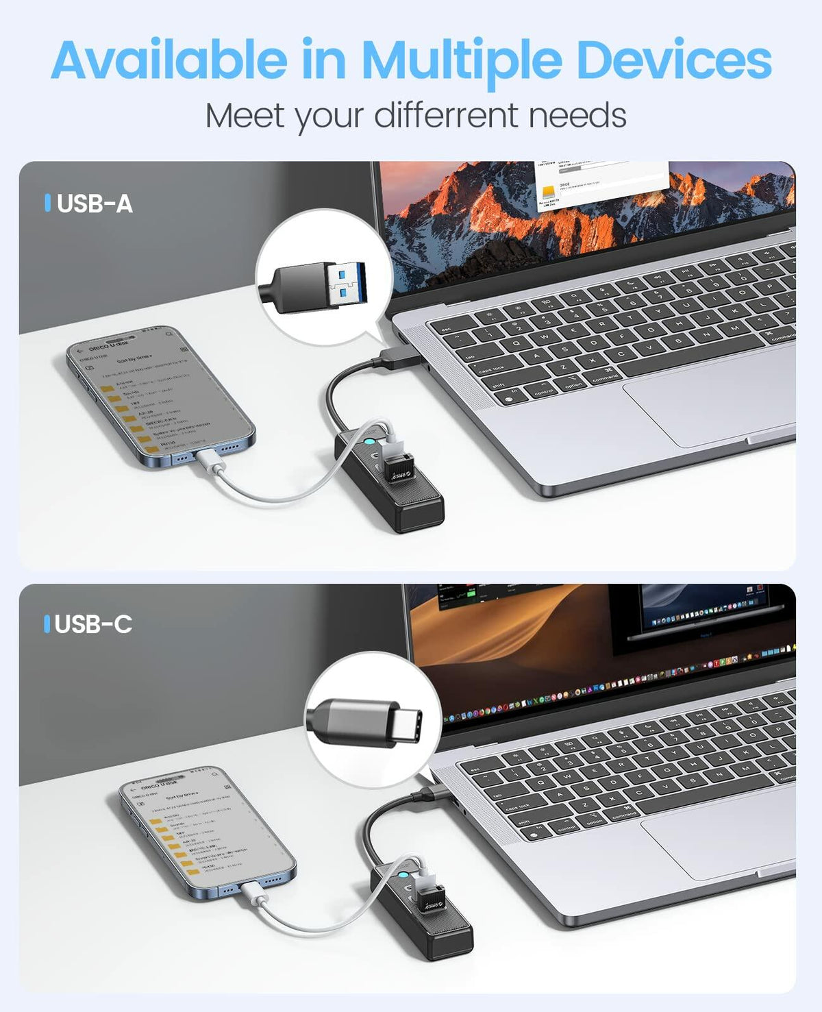 ORICO USB C Hub 3-Port USB 3.1 to USB 3.0 Adapter White 0.5ft Cable