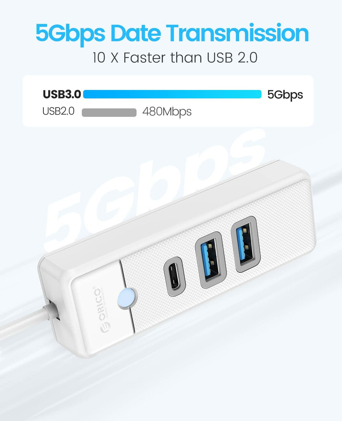 ORICO USB C Hub 3-Port USB 3.1 to USB 3.0 Adapter White 0.5ft Cable